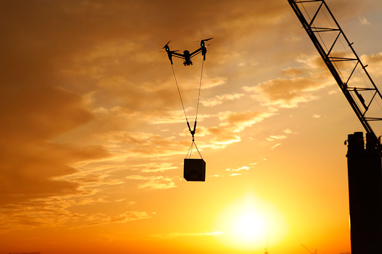 A drone over a city