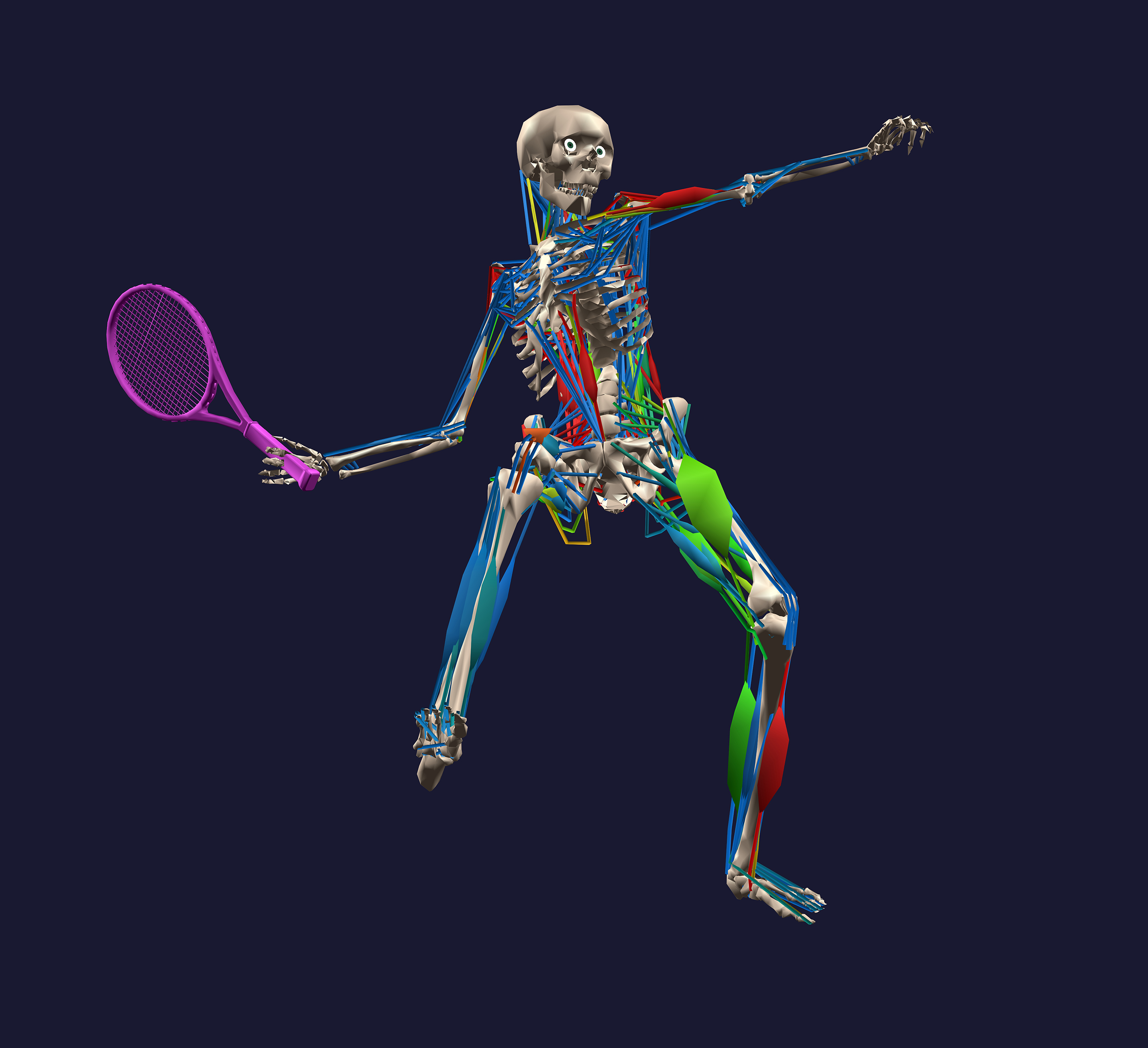 A still from the motion capture footage of a tennis player hitting a shot and the effect it has on their body.