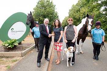 Two people shaking hands, one person holding a dog and two others stood with horses