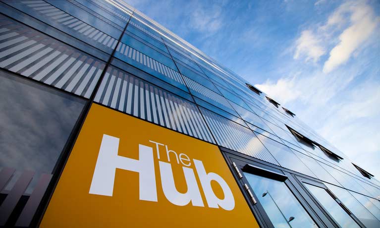 Side view of The Hub sign