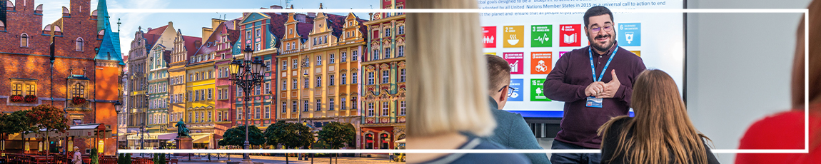 Colourful Wroclaw buildings and a lecturer teaching in class.
