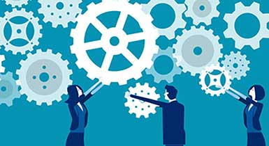 Amination of two ladies and a man with cogs turning above them