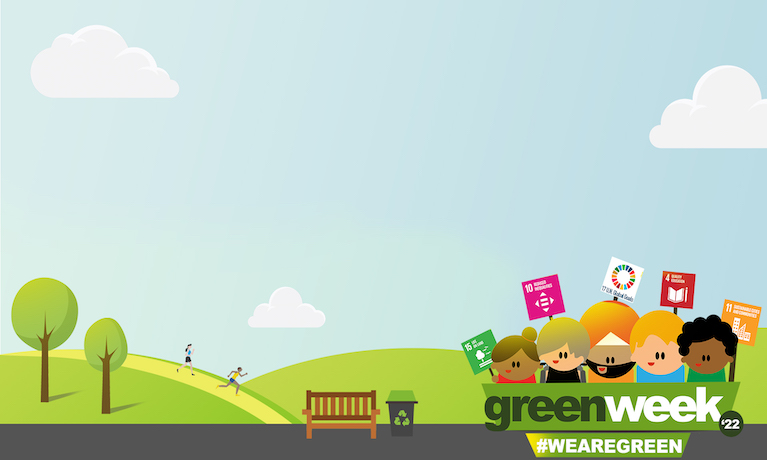 Illustration of green hills and sky  and Green Week logo.
