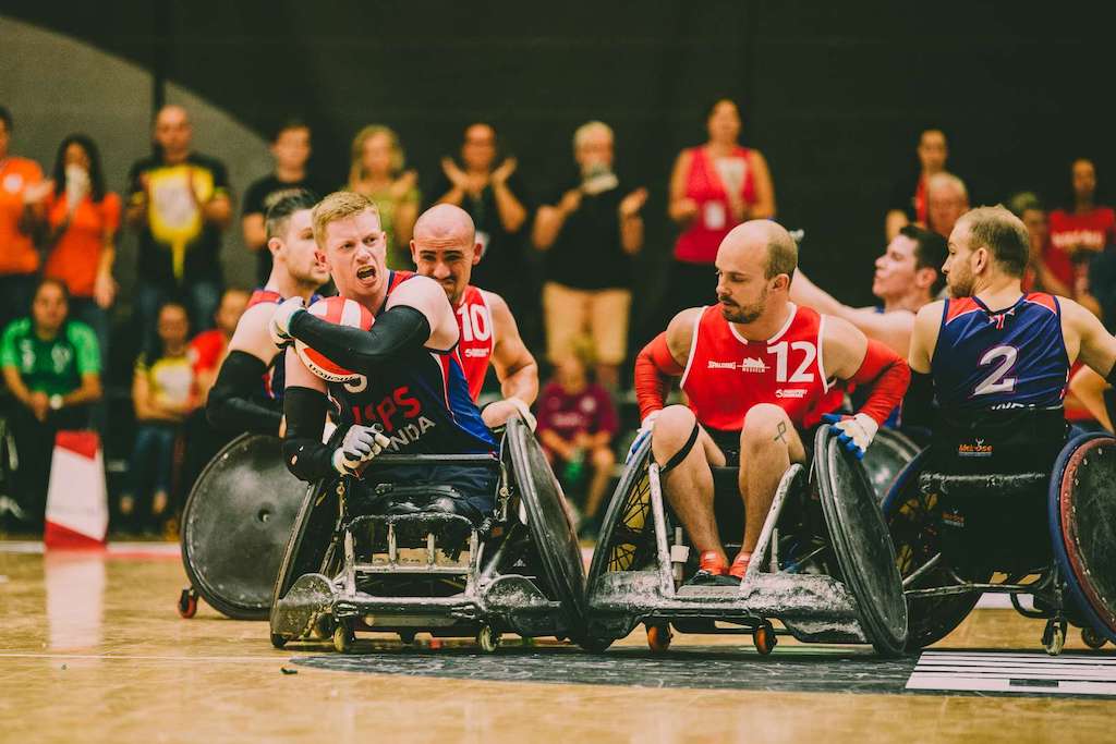 Jim Roberts playing wheelchair rugby
