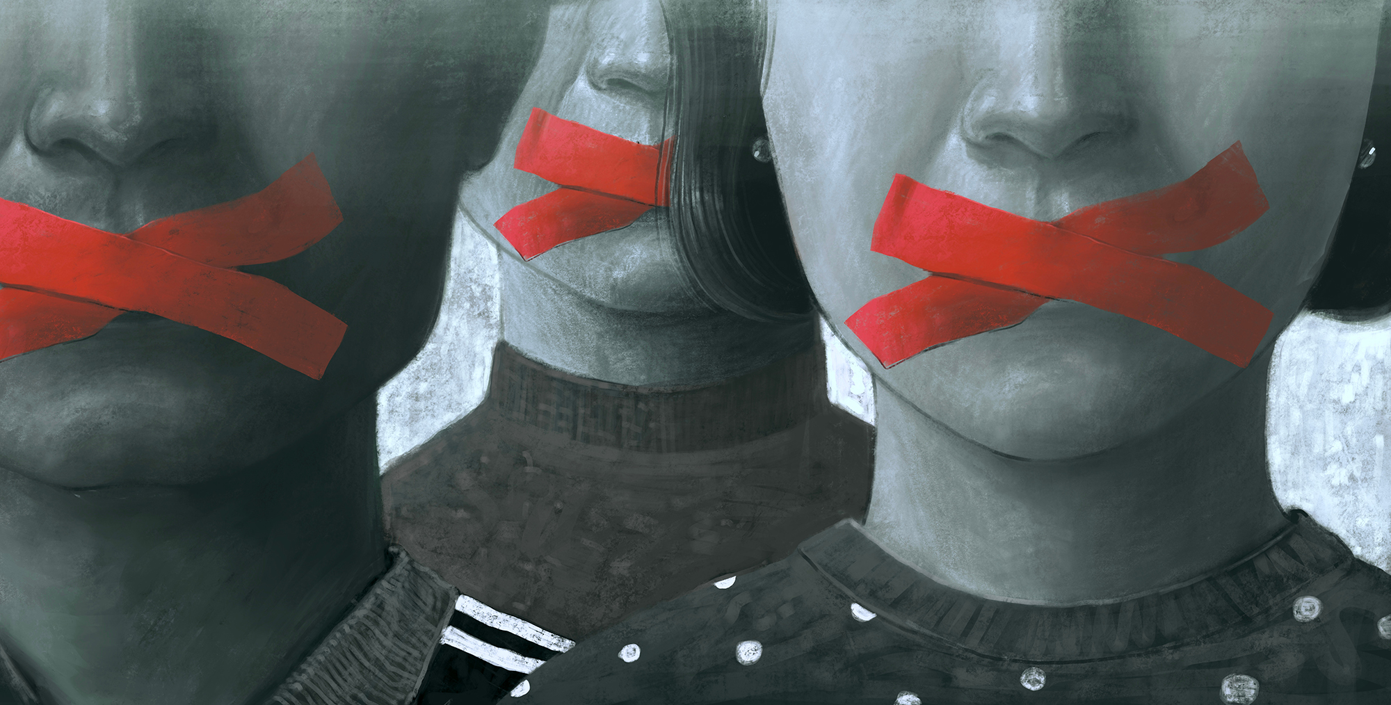 Red tape over mouths, preventing speech